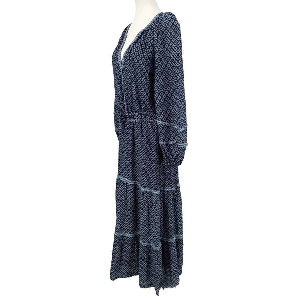 Vineyard Vines Navy Blue Geometric Tile Tiered Maxi Dress XL Long Sleeve V-Neck